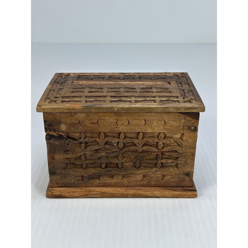 VTG Wood Hand Crafted Carved Cigarette Case Holder Dispenser Magic Box